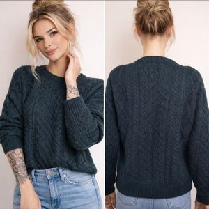 Aran Crafts Ireland Wool Cable Knit Sweater Marled Green Blue Size M 50"